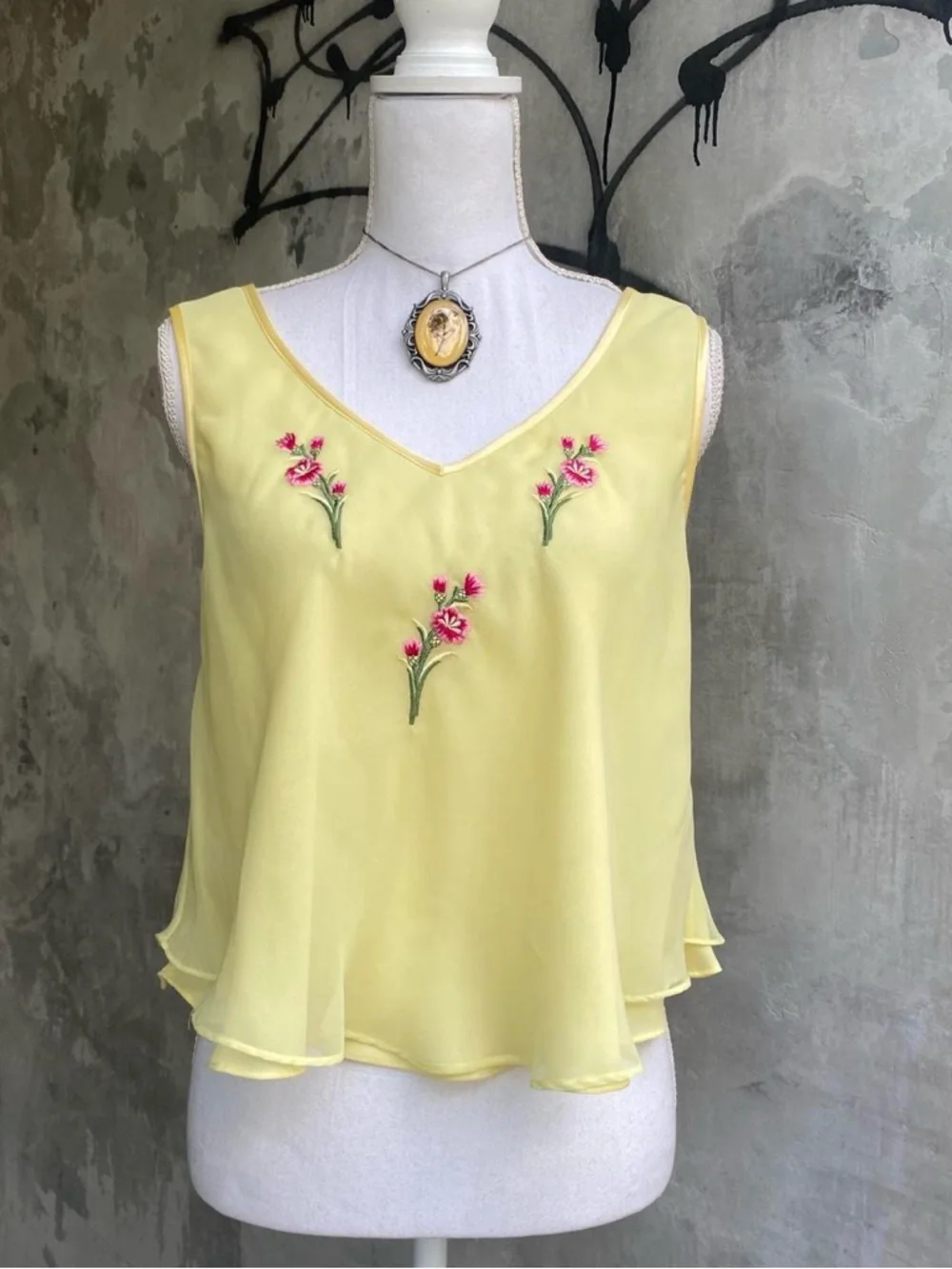 Vintage Butter Yellow Embroidered Slip Top